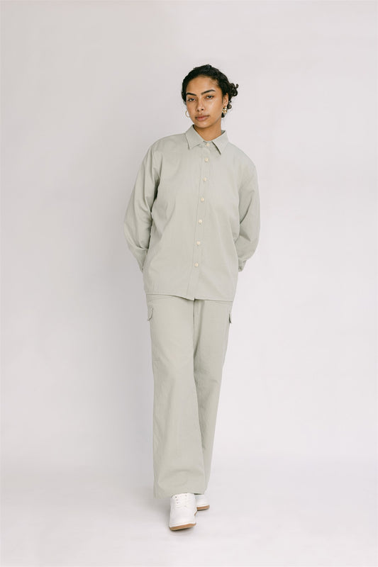 celadon tint long sleeved collared shirt